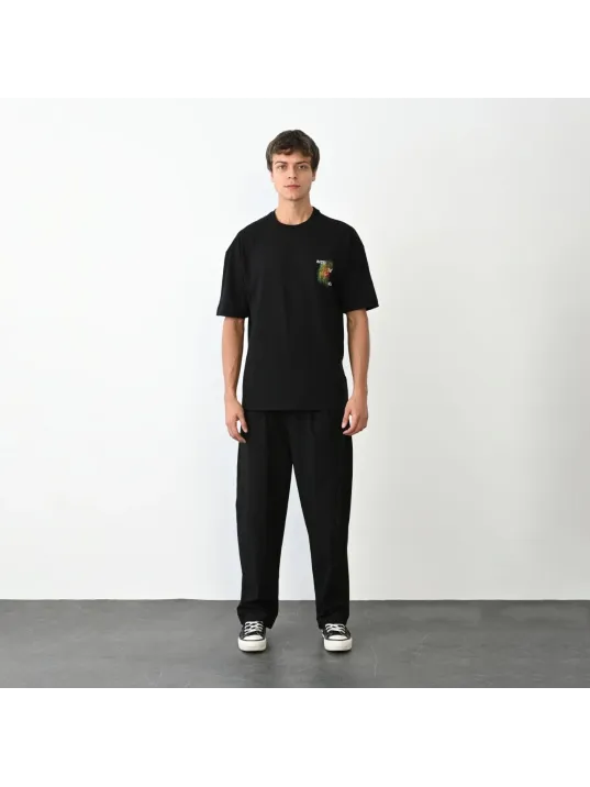 Unisex Bisiklet Yaka Baskılı Oversize T-Shirt - Siyah Unisex Bisiklet Yaka Baskılı Oversize T-Shirt - Siyah