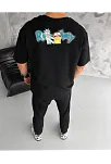 Unisex Bisiklet Yaka Baskılı Oversize T-shirt - Siyah