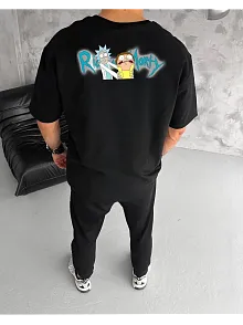 Unisex Bisiklet Yaka Baskılı Oversize T-shirt - Siyah