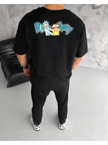 Unisex Bisiklet Yaka Baskılı Oversize T-Shirt - Siyah Unisex Bisiklet Yaka Baskılı Oversize T-Shirt - Siyah