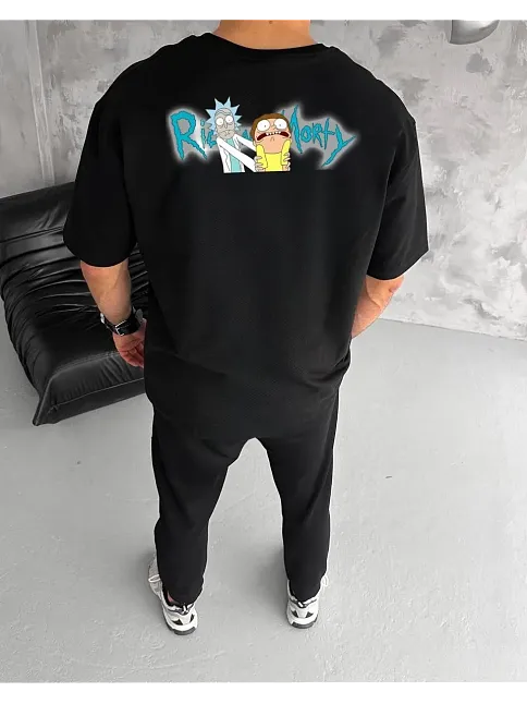 Unisex Bisiklet Yaka Baskılı Oversize T-shirt - Siyah