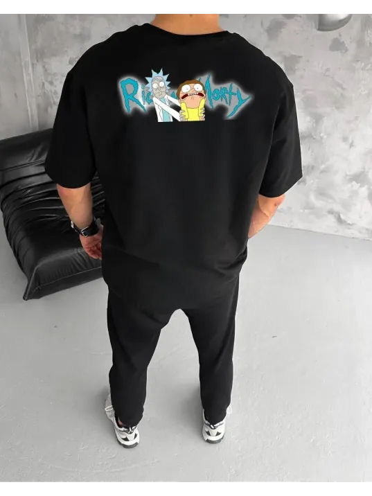 Unisex Bisiklet Yaka Baskılı Oversize T-Shirt - Siyah Unisex Bisiklet Yaka Baskılı Oversize T-Shirt - Siyah