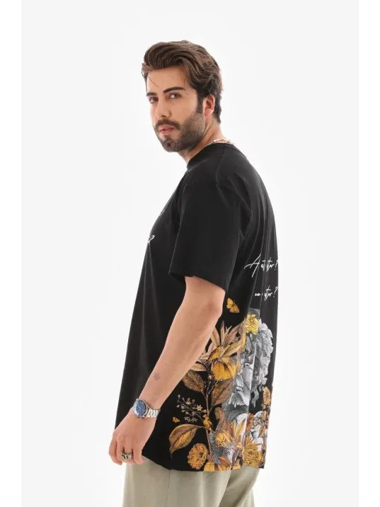 Unisex Bisiklet Yaka Baskılı Oversize T-shirt - Siyah