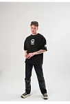 Unisex Bisiklet Yaka Baskılı Oversize T-shirt - Siyah