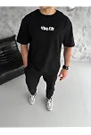 Unisex Bisiklet Yaka Baskılı Oversize T-shirt - Siyah