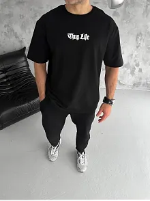Unisex Bisiklet Yaka Baskılı Oversize T-shirt - Siyah