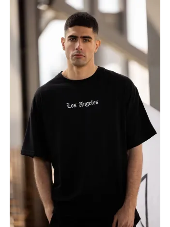 Unisex Bisiklet Yaka Baskılı Oversize T-Shirt - Siyah Unisex Bisiklet Yaka Baskılı Oversize T-Shirt - Siyah