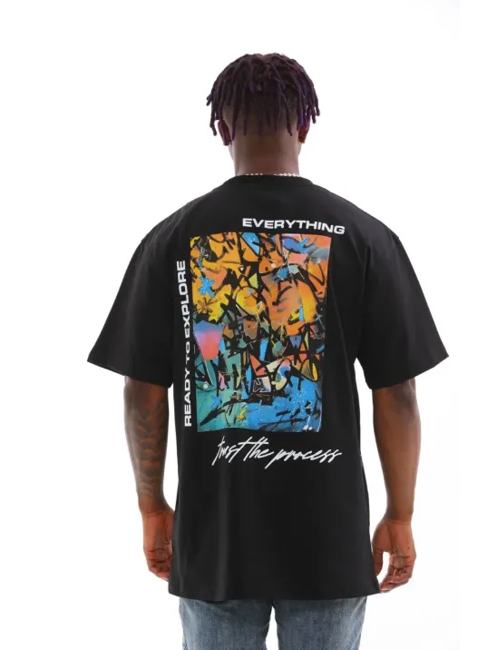 Unisex Bisiklet Yaka Baskılı Oversize T-Shirt - Siyah Unisex Bisiklet Yaka Baskılı Oversize T-Shirt - Siyah