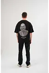 Unisex Bisiklet Yaka Baskılı Oversize T-shirt - Siyah