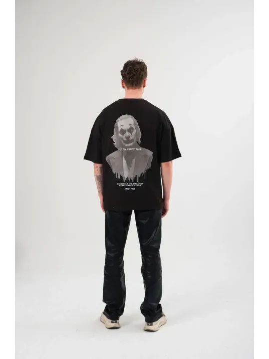 Unisex Bisiklet Yaka Baskılı Oversize T-Shirt - Siyah Unisex Bisiklet Yaka Baskılı Oversize T-Shirt - Siyah