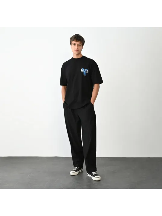 Unisex Bisiklet Yaka Baskılı Oversize T-Shirt - Siyah Unisex Bisiklet Yaka Baskılı Oversize T-Shirt - Siyah