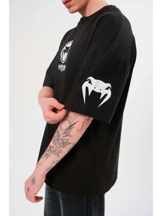 Unisex Bisiklet Yaka Baskılı Oversize T-Shirt - Siyah Unisex Bisiklet Yaka Baskılı Oversize T-Shirt - Siyah