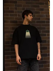 Unisex Bisiklet Yaka Baskılı Oversize T-shirt - Siyah