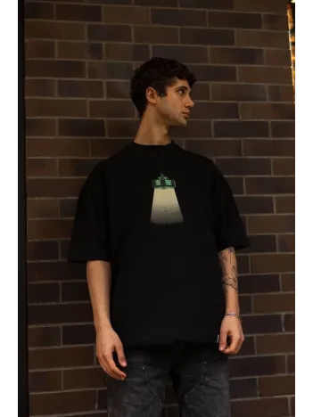 Unisex Bisiklet Yaka Baskılı Oversize T-Shirt - Siyah Unisex Bisiklet Yaka Baskılı Oversize T-Shirt - Siyah