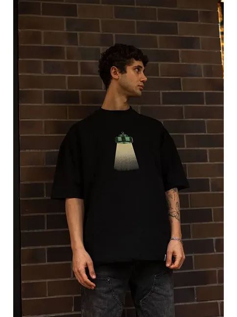 Unisex Bisiklet Yaka Baskılı Oversize T-shirt - Siyah