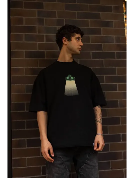 Unisex Bisiklet Yaka Baskılı Oversize T-Shirt - Siyah Unisex Bisiklet Yaka Baskılı Oversize T-Shirt - Siyah