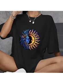 Unisex Bisiklet Yaka Baskılı Oversize T-shirt - Siyah