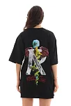 Unisex Bisiklet Yaka Baskılı Oversize T-shirt - Siyah