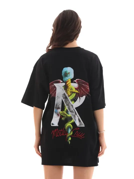 Unisex Bisiklet Yaka Baskılı Oversize T-Shirt - Siyah