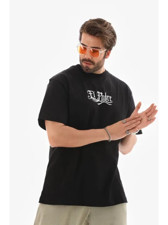 Unisex Bisiklet Yaka Baskılı Oversize T-Shirt - Siyah