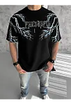 Unisex Bisiklet Yaka Baskılı Oversize T-shirt-siyah