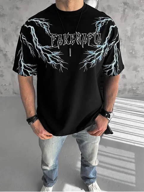 Unisex Bisiklet Yaka Baskılı Oversize T-shirt-siyah