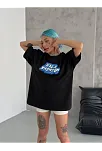 Unisex Bisiklet Yaka Baskılı Oversize T-shirt - Siyah