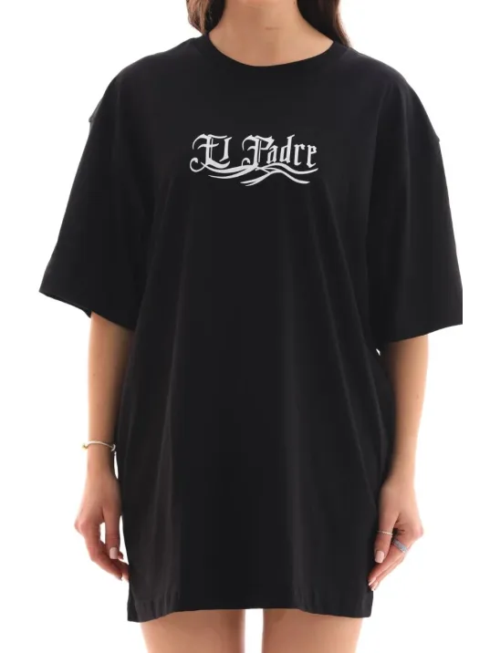Unisex Bisiklet Yaka Baskılı Oversize T-Shirt - Siyah