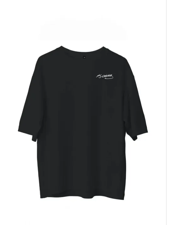 Unisex Bisiklet Yaka Baskılı Oversize T-shirt - Siyah