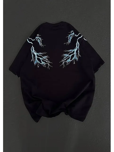 Kadın Bisiklet Yaka Baskılı  Kısa Kol Oversize T-shirt - Siyah