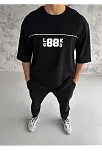 Unisex Bisiklet Yaka Baskılı Oversize T-shirt - Siyah