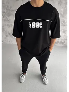 Unisex Bisiklet Yaka Baskılı Oversize T-shirt - Siyah