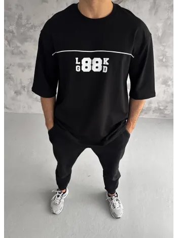 Unisex Bisiklet Yaka Baskılı Oversize T-Shirt - Siyah Unisex Bisiklet Yaka Baskılı Oversize T-Shirt - Siyah