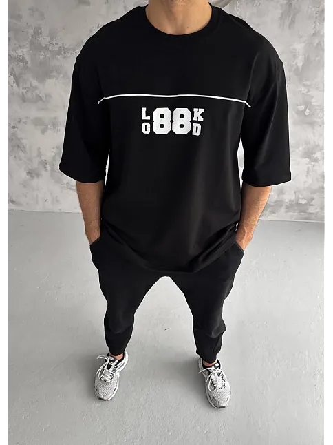 Unisex Bisiklet Yaka Baskılı Oversize T-shirt - Siyah