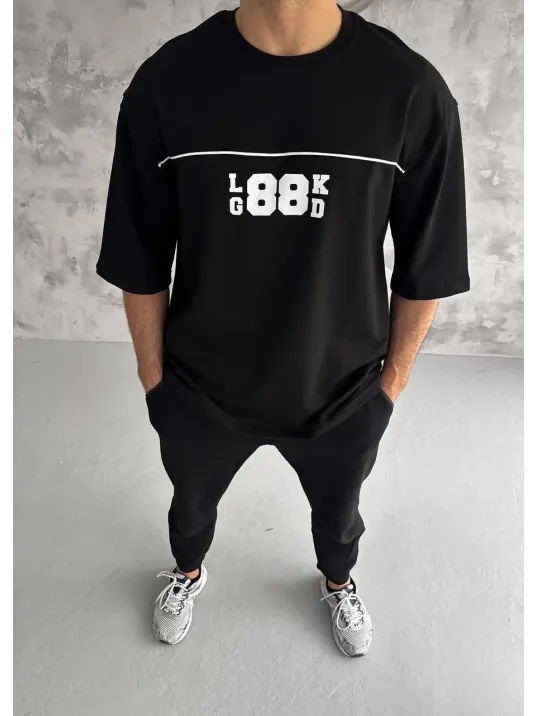 Unisex Bisiklet Yaka Baskılı Oversize T-Shirt - Siyah