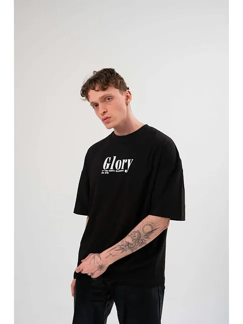 Unisex Bisiklet Yaka Baskılı Oversize T-shirt - Siyah