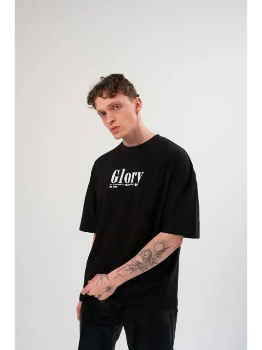 Unisex Bisiklet Yaka Baskılı Oversize T-Shirt - Siyah Unisex Bisiklet Yaka Baskılı Oversize T-Shirt - Siyah