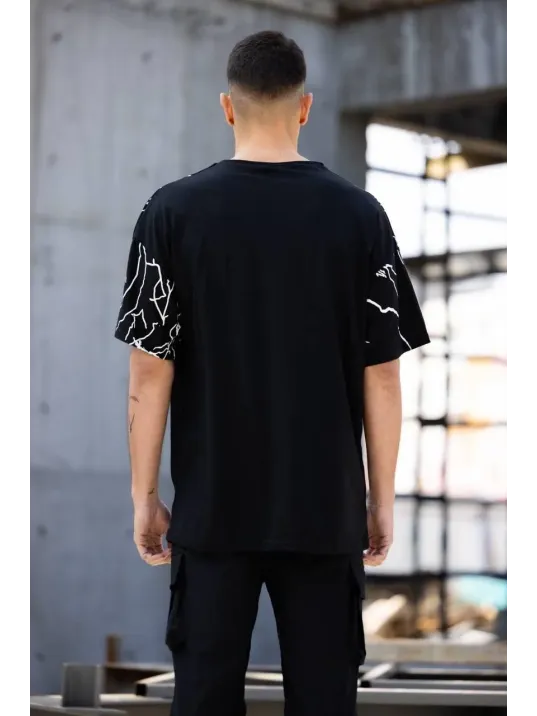 Unisex Bisiklet Yaka Baskılı Oversize T-shirt - Siyah