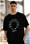 Unisex Bisiklet Yaka Baskılı Oversize T-shirt - Siyah