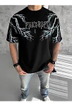 Unisex Bisiklet Yaka Baskılı Oversize T-shirt - Siyah