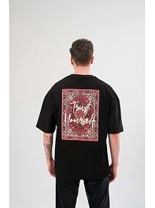 Unisex Bisiklet Yaka Baskılı Oversize T-shirt - Siyah