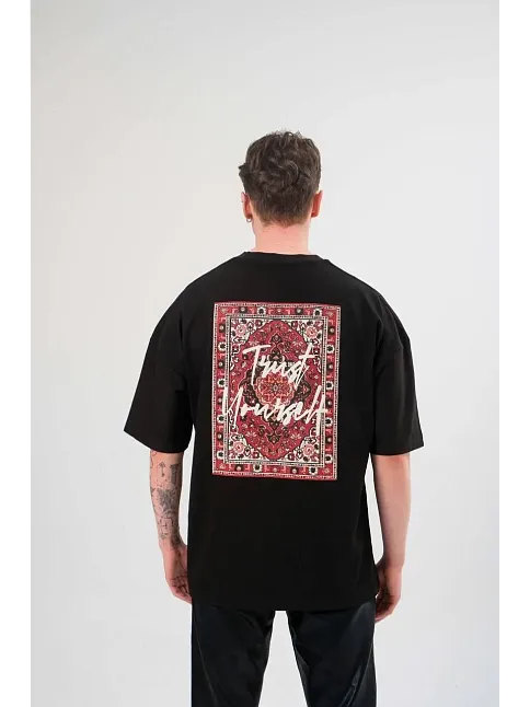 Unisex Bisiklet Yaka Baskılı Oversize T-shirt - Siyah