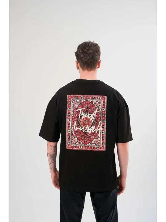 Unisex Bisiklet Yaka Baskılı Oversize T-Shirt - Siyah