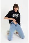 Unisex Bisiklet Yaka Baskılı Oversize T-shirt - Siyah
