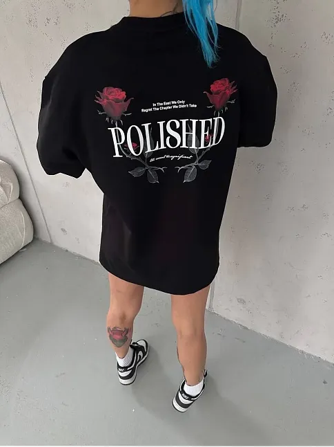 Kadın Bisiklet Yaka Baskılı Kısa Kol Oversize T-shirt - Siyah
