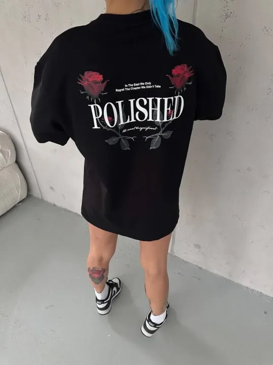 Kadın Bisiklet Yaka Baskılı Kısa Kol Oversize T-shirt - Siyah