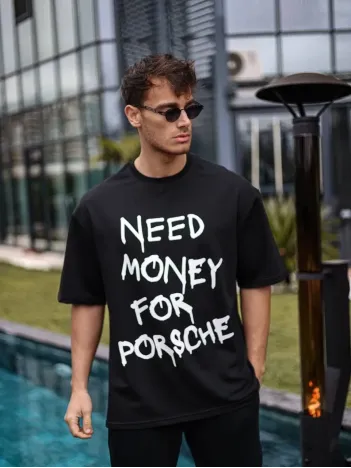 Unisex Bisiklet Yaka Baskılı Oversize T-shirt - Siyah