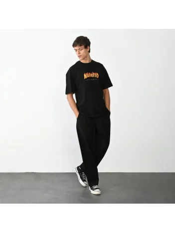 Unisex Bisiklet Yaka Baskılı Oversize T-Shirt - Siyah Unisex Bisiklet Yaka Baskılı Oversize T-Shirt - Siyah