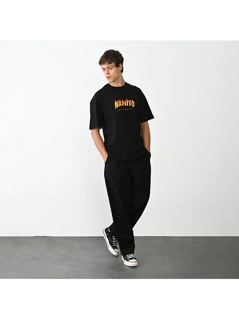 Unisex Bisiklet Yaka Baskılı Oversize T-shirt - Siyah
