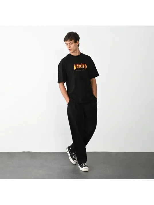 Unisex Bisiklet Yaka Baskılı Oversize T-Shirt - Siyah Unisex Bisiklet Yaka Baskılı Oversize T-Shirt - Siyah